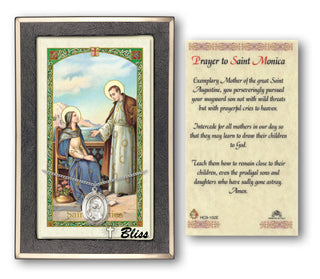 Silver Filled Saint Monica Medal on an 18 inch Lite Curb Chain with a Prayer to St Monica Prayer Card. Engraved Catholic Saint Jewelry