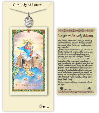 Pewter Our Lady of Loretto Medal on an 18 inch Lite Curb Chain with a Prayer to Our Lady of Loreto Prayer Card. Engraved Catholic Saint Jewelry