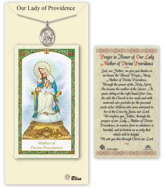 Pewter Our Lady of Providence Medal on an 18 inch Lite Curb Chain with a Prayer to Our Lady of Divine Providence Prayer Card. Engraved Catholic Saint Jewelry