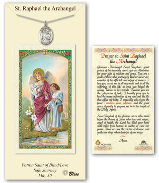 Pewter Saint Raphael the Archangel Medal on an 18 inch Lite Curb Chain with a Prayer to St Raphael the Archangel Prayer Card. Engraved Catholic Saint Jewelry