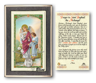 Silver Filled Saint Raphael the Archangel Medal on an 18 inch Lite Curb Chain with a Prayer to St Raphael the Archangel Prayer Card. Engraved Catholic Saint Jewelry