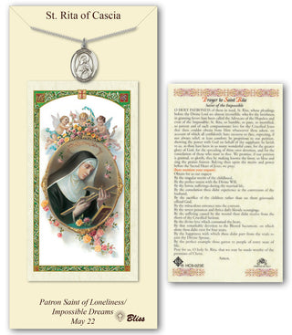 Pewter Saint Rita of Cascia Medal on an 18 inch Lite Curb Chain with a Prayer to St Rita of Cascia Prayer Card. Engraved Catholic Saint Jewelry