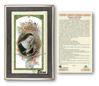Silver Filled Saint Rita of Cascia Medal on an 18 inch Lite Curb Chain with a Prayer to St Rita of Cascia Prayer Card. Engraved Catholic Saint Jewelry