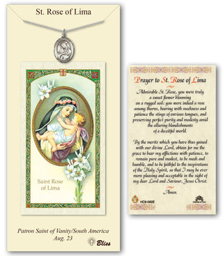 Pewter Saint Rose of Lima Medal on an 18 inch Lite Curb Chain with a Prayer to St Rose of Lima Prayer Card. Engraved Catholic Saint Jewelry
