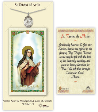 Pewter Saint Teresa of Avila Medal on an 24 inch Heavy Curb Chain with a Prayer to St Theresa of Avila Prayer Card. Engraved Catholic Saint Jewelry