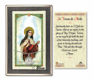 Silver Filled Saint Teresa of Avila Medal on an 18 inch Lite Curb Chain with a Prayer to St Theresa of Avila Prayer Card. Engraved Catholic Saint Jewelry