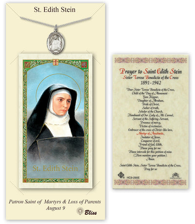 Pewter St. Edith Stein Medal | 24-inch Chain | Prayer to St Edith Stein Prayer Card | Engravable