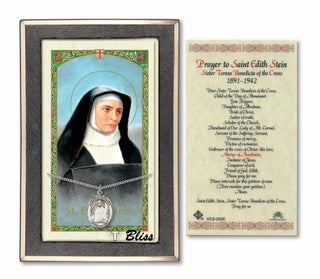 Sterling Silver Saint Edith Stein Medal | 18-inch Chain | Prayer to St Edith Stein Prayer Card Engraved Catholic Saint Jewelry