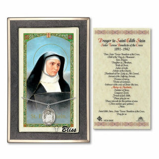 Silver Filled Saint Edith Stein Medal on an 18 inch Lite Curb Chain with a Prayer to St Edith Stein Prayer Card. Engraved Catholic Saint Jewelry