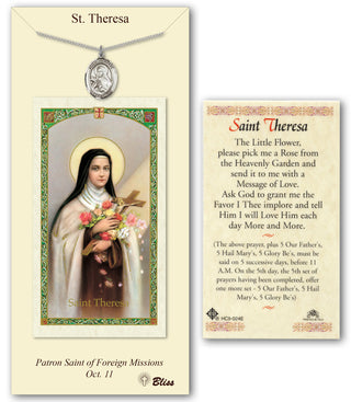 Pewter Saint Theresa Medal on an 18 inch Lite Curb Chain with a St Theresa Little Flower Prayer Card. Engraved Catholic Saint Jewelry