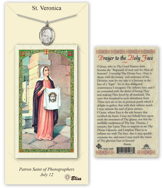 Pewter Saint Veronica Medal on an 18 inch Lite Curb Chain with a St Veronica - Holy Face Prayer Card. Engraved Catholic Saint Jewelry