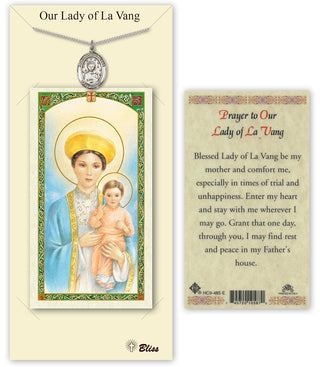 Pewter Our Lady of la Vang Medal on an 18 inch Lite Curb Chain with a Prayer to Our Lady of la Vang Prayer Card. Engraved Catholic Saint Jewelry