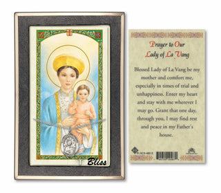 Silver Filled Our Lady of la Vang Medal on an 18 inch Lite Curb Chain with a Prayer to Our Lady of la Vang Prayer Card. Engraved Catholic Saint Jewelry