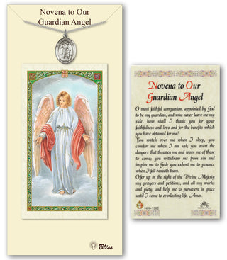 Pewter Guardian Angel w/Child Medal on an 18 inch Lite Curb Chain with a Novena to Our Guardian Angel Prayer Card. Engraved Catholic Saint Jewelry
