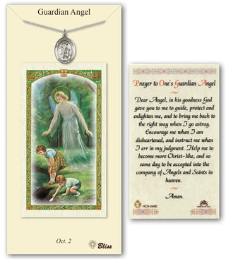 Pewter Guardian Angel w/Child Medal on an 18 inch Lite Curb Chain with a Prayer to One's Guardian Angel Prayer Card. Engraved Catholic Saint Jewelry