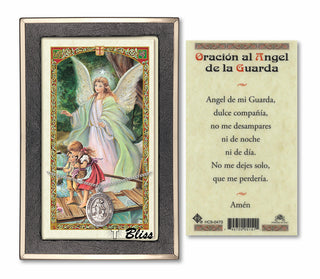 Sterling Silver Angel de la Guardia Medal on an 18 inch Lite Curb Chain with a Prayer to Guardian Angel On Bridge Prayer Card. Engraved Catholic Saint Jewelry