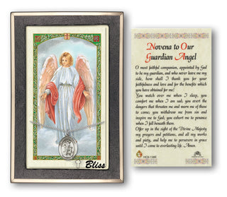 Silver Filled Guardian Angel w/Child Medal on an 18 inch Lite Curb Chain with a Novena to Our Guardian Angel Prayer Card. Engraved Catholic Saint Jewelry
