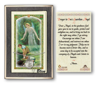 Silver Filled Guardian Angel w/Child Medal on an 18 inch Lite Curb Chain with a Prayer to One's Guardian Angel Prayer Card. Engraved Catholic Saint Jewelry