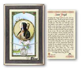 Silver Filled Saint Brigid of Ireland Medal on an 18 inch Lite Curb Chain with a Prayer to St Brigid Prayer Card. Engraved Catholic Saint Jewelry