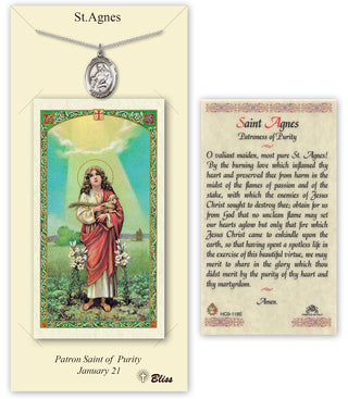 Pewter Saint Agnes of Rome Medal on an 18 inch Lite Curb Chain with a Prayer to St Agnes Prayer Card. Engraved Catholic Saint Jewelry
