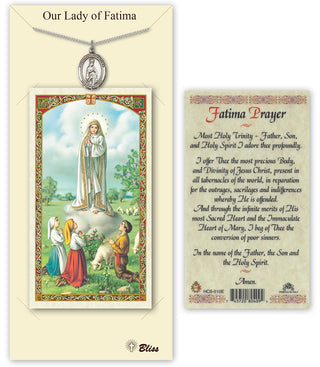 Pewter Our Lady of Fatima Medal on an 18 inch Lite Curb Chain with a Prayer to Our Lady of Fatima Prayer Card. Engraved Catholic Saint Jewelry