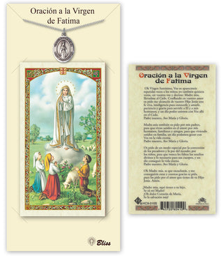 Pewter Virgen del Fatima Medal on an 18 inch Lite Curb Chain with a Prayer to Our Lady of Fatima Prayer Card. Engraved Catholic Saint Jewelry