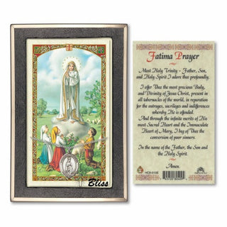 Sterling Silver Our Lady of Fatima Medal on an 18 inch Lite Curb Chain with a Prayer to Our Lady of Fatima Prayer Card. Engraved Catholic Saint Jewelry