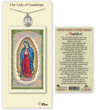 Pewter Our Lady of Guadalupe Medal on an 18 inch Lite Curb Chain with a Our Lady of Guadalupe - Magnificat Prayer Card.