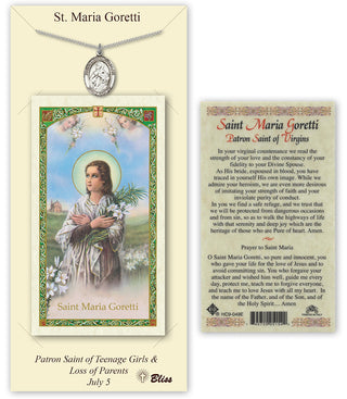 Pewter Saint Maria Goretti Medal on an 24 inch Heavy Curb Chain with a Prayer to St Maria Goretti Prayer Card. Engraved Catholic Saint Jewelry