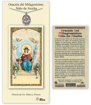 Pewter San Nino de Atocha Medal on an 18 inch Lite Curb Chain with a Prayer to Infant of Atocha Prayer Card. Engraved Catholic Saint Jewelry