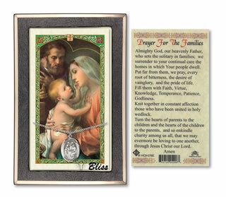 Sterling Silver Holy Family Medal on an 18 inch Lite Curb Chain with a Holy Family - Prayer for Families Prayer Card. Engraved Catholic Saint Jewelry