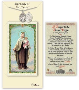 Pewter Our Lady of Mount Carmel Medal on an 24 inch Heavy Curb Chain with a Prayer to Our Lady of Mt. Carmel Prayer Card.