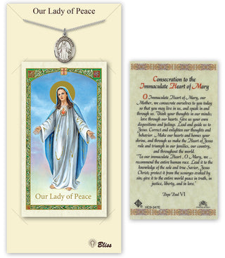 Pewter Our Lady of Peace Medal on an 18 inch Lite Curb Chain with a Our Lady of Peace - Consecration Prayer Card. Engraved Catholic Saint Jewelry