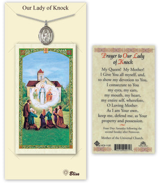 Pewter Our Lady of Knock Medal on an 18 inch Lite Curb Chain with a Prayer to Our Lady of Knock Prayer Card. Engraved Catholic Saint Jewelry