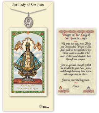 Pewter Our Lady of San Juan Medal on an 18 inch Lite Curb Chain with a Prayer to Our Lady of San Juan Prayer Card. Engraved Catholic Saint Jewelry