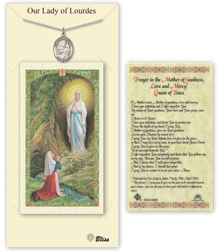Pewter Our Lady of Lourdes Medal on an 18 inch Lite Curb Chain with a Prayer to Our Lady of Lourdes Prayer Card. Engraved Catholic Saint Jewelry