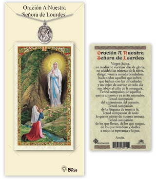 Pewter Virgen del Lourdes Medal on an 18 inch Lite Curb Chain with a Prayer to Our Lady of Lourdes Prayer Card. Engraved Catholic Saint Jewelry