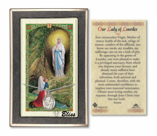 Sterling Silver Our Lady of Lourdes Medal on an 18 inch Lite Curb Chain with a Prayer to Our Lady of Lourdes Prayer Card. Engraved Catholic Saint Jewelry