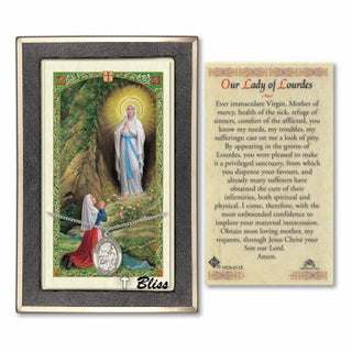 Silver Filled Our Lady of Lourdes Medal on an 18 inch Lite Curb Chain with a Prayer to Our Lady of Lourdes Prayer Card. Engraved Catholic Saint Jewelry