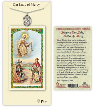 Pewter Our Lady of Mercy Medal on an 18 inch Lite Curb Chain with a Prayer to Our Lady of Mercy Prayer Card. Engraved Catholic Saint Jewelry