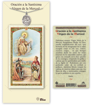 Pewter Virgen de la Merced Medal on an 18 inch Lite Curb Chain with a Prayer to Virgen de la Merced Prayer Card. Engraved Catholic Saint Jewelry