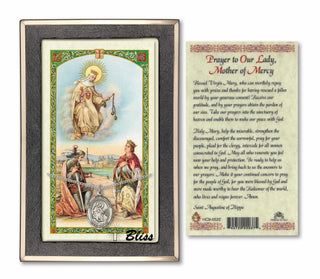 Silver Filled Our Lady of Mercy Medal on an 18 inch Lite Curb Chain with a Prayer to Our Lady of Mercy Prayer Card. Engraved Catholic Saint Jewelry