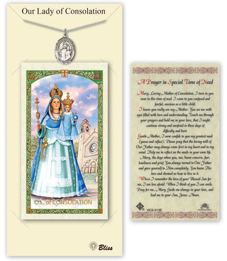 Pewter Our Lady of Consolation Medal on an 18 inch Lite Curb Chain with a Prayer to Our Lady of Consolation Prayer Card. Engraved Catholic Saint Jewelry