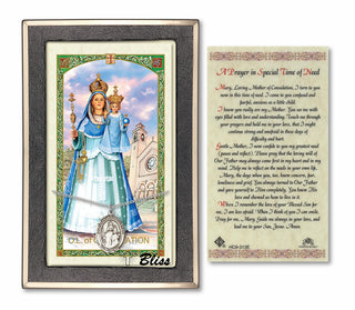 Sterling Silver Our Lady of Consolation Medal on an 18 inch Lite Curb Chain with a Prayer to Our Lady of Consolation Prayer Card. Engraved Catholic Saint Jewelry