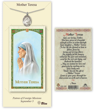 Pewter Saint Teresa of Calcutta Medal on an 18 inch Lite Curb Chain with a Prayer to Saint Teresa Prayer Card. Engraved Catholic Saint Jewelry