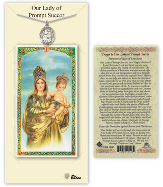 Pewter Our Lady of Prompt Succor Medal on an 18 inch Lite Curb Chain with a Our Lady of Prompt Succor - Prayer to and Against Hurricanes Prayer Card. Engraved Catholic Saint Jewelry