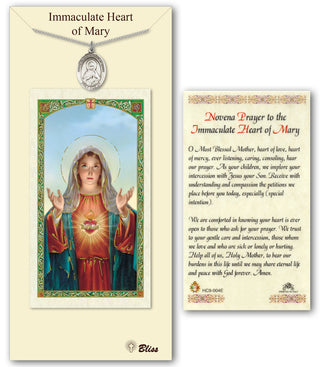 Pewter Immaculate Heart of Mary Medal on an 18 inch Lite Curb Chain with a Novena Prayer to Immaculate Heart of Mary Prayer Card. Engraved Catholic Saint Jewelry