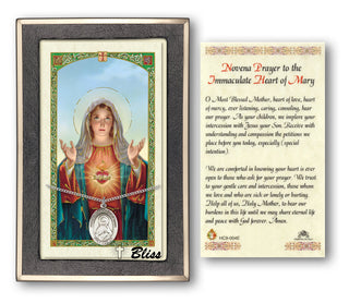 Silver Filled Immaculate Heart of Mary Medal on an 18 inch Lite Curb Chain with a Novena Prayer to Immaculate Heart of Mary Prayer Card. Engraved Catholic Saint Jewelry