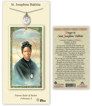 Pewter Saint Josephine Bakhita Medal on an 18 inch Lite Curb Chain with a Prayer to Saint Josephine Bakhita Prayer Card. Engraved Catholic Saint Jewelry
