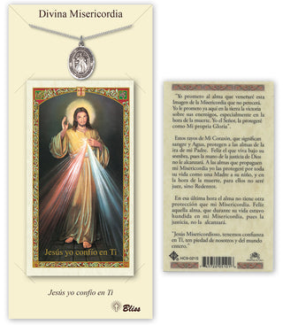 Pewter Divina Misericordia Medal on an 18 inch Lite Curb Chain with a Prayer to Divine Mercy Prayer Card.